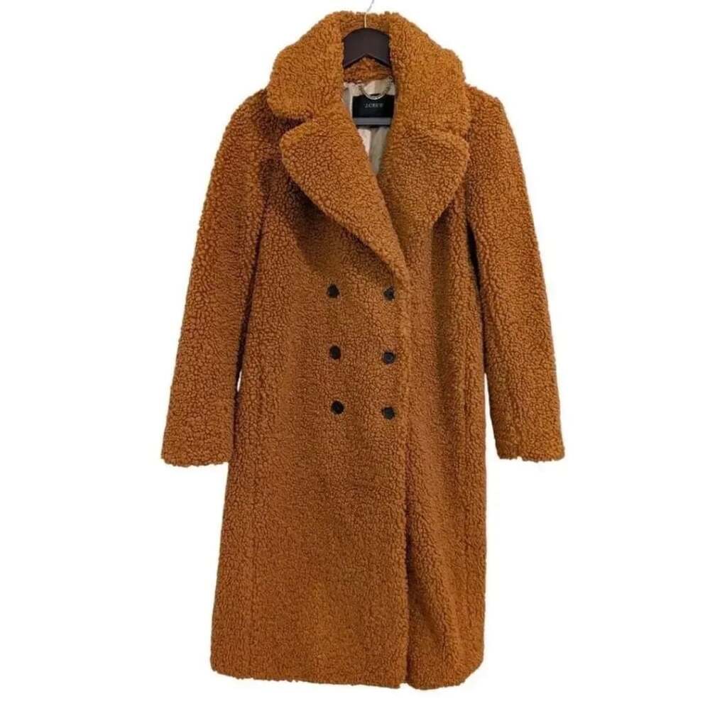 J.Crew Teddy Sherpa Long Coat Caramel Brown Double Breasted M